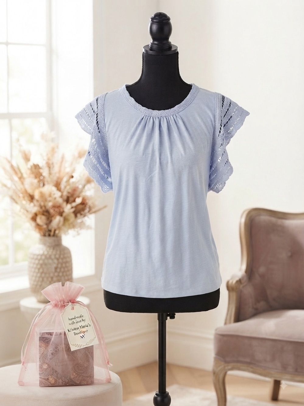 Light Blue Crochet Trim Flow Sleeve Top-S & Beauty Gift Bag 🎁